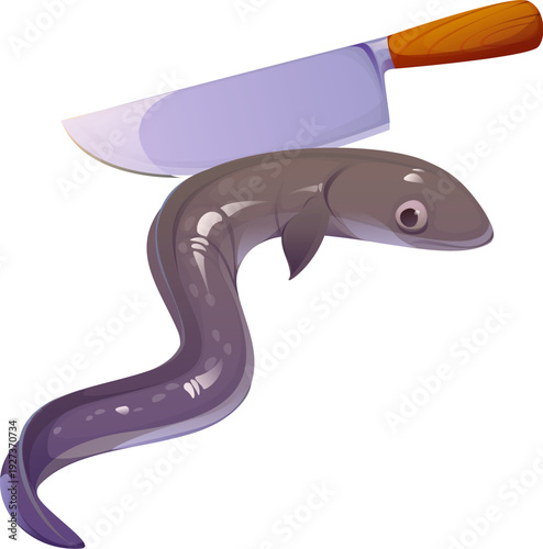 Cartoon eel with kitchen knife in cooking process. Marine animal with smooth body and subtle spots next to wide blade and wood handle. Vector food preparation scene with seafood and kitchen utensil
