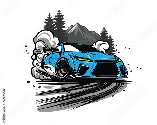 Blue Sports Car Drift Illustration