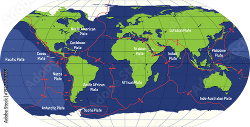 Global Plate Tectonics Map Showing Continental Drift and Seismic Boundaries