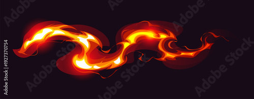 Cartoon fiery game magic power wave, wizard glow vfx light effect. Vector red neon wave with glowing magic light and energy flow. Fire blazing fantasy wizard spell with sparkle trail or glowing stream