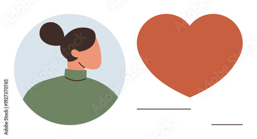 Emotional connection, relationships, self-care, personal identity, health awareness, social communication. Minimalist artwork of a female profile and a red heart. Emotional connection