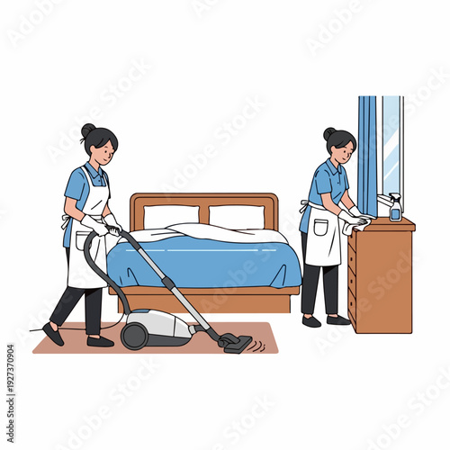 Housekeeping staff cleaning room illustration white background