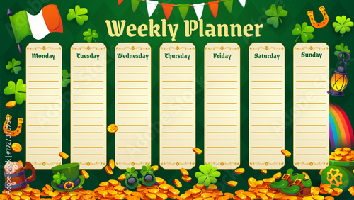 Weekly planner schedule with Happy St Patrick holiday characters. Cartoon vector festive template for organizing tasks or events with gold coins, clovers, leprechaun hat, rainbow, Irish flag or charms