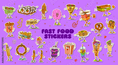 Groovy fast food characters stickers as burger, hot dog, pizza, tacos and popcorn, french fries, milkshake, soda cup and bubble tea, churros, pretzel sushi rolls and fried chicken. Vector food mascots