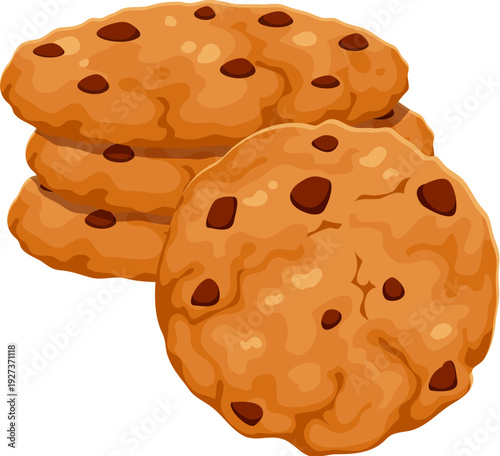 Cartoon oatmeal chocolate chip cookie, confectionery and sweet pastry. Isolated vector bakery with a golden brown crunchy texture and multiple dark chocolate chips scattered across its cracked surface