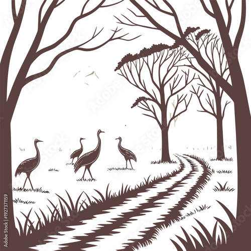 Peaceful Nature Scene Cranes Standing Gracefully Along a Rural Dirt Path