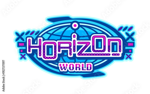 World horizon globe Y2K retro icon or symbol. Earth sphere mesh vintage vector symbol, worldwide network planet Earth emblem. Geography globe wireframe sign with abstract neon colors typography