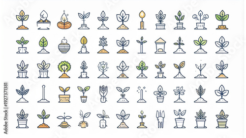 
Gardening and agriculture icon set with plants, seedlings, farming tools and growth symbols in clean outline vector style