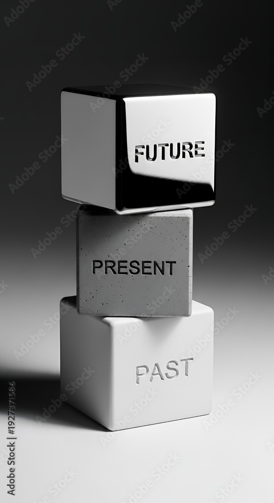 Obraz premium A conceptual image of a past, present, and future, represented by stacked cubes. The cubes are engraved with the words PAST, PRESENT, and FUTURE