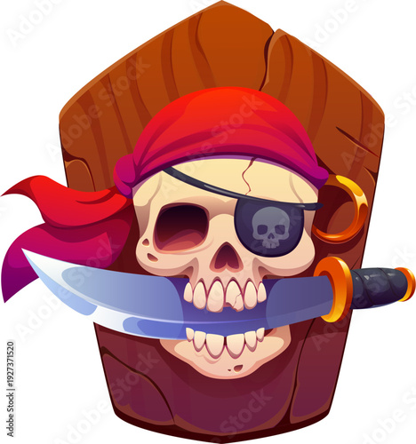 Pirate game icon or heraldry asset of skull with corsair eyepatch, cartoon vector. Caribbean pirate game icon of skull in sailor bandana with earring and saber sword or dagger blade in jaw mouth