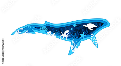 Blue whale silhouette filled with underwater landscape. Vector fish, coral and seaweed, octopus, sea turtle, starfish and fish shoal on layered paper cut banner. Marine and ecology theme
