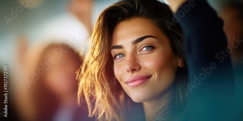 Close-up portrait of a beautiful young woman with blue eyes and a warm smile