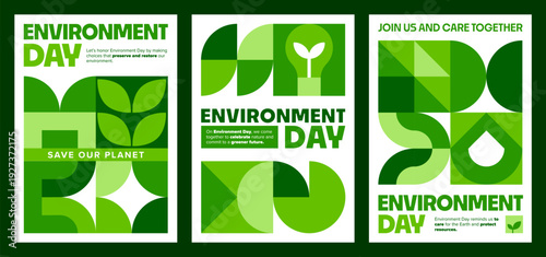 Environment day posters with green geometric pattern with curves, triangles and droplet shapes form of green foliage. Sustainability, esg report cover, save nature banners