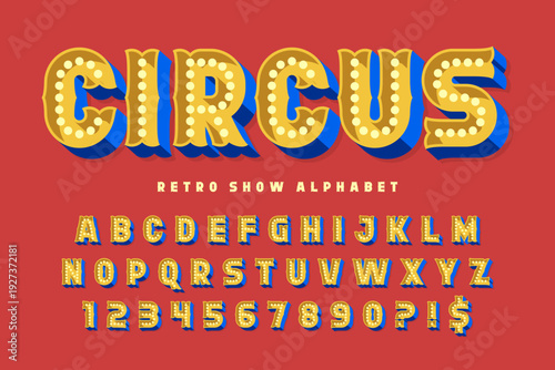 Circus show alphabet, fairy LED lamps letters and numbers.