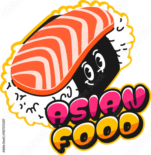 Asian food salmon sushi vintage Y2K sticker or label. Japan seafood meal retro Y2K tag, Asian menu delicacy vintage vector patch. Sushi dish sticker with sushi roll, salmon meat and funky typography