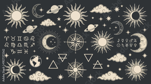 Vintage Celestial Astrology Seamless Pattern: Sun, Moon, Stars, Planets, Zodiac & Mystical Esoteric Symbols