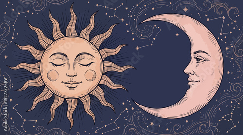 Mystical Sun and Moon Faces with Celestial Stars and Swirls in Vintage Engraving Style
