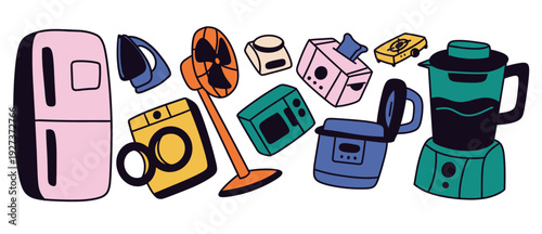 Colorful flat vector illustration set of home appliances. Modern cartoon style with bold outlines and pastel colors, isolated on white background. Ideal for household, kitchen equipment, electronics