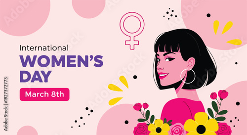 International Women's Day banner with stylish woman and floral decor. March 8th greeting card with female gender symbol. Modern feminist illustration for girl power and equality.