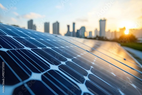 Close-up solar panels on a rooftop, city skyline in the background at sunset
