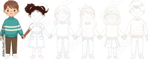 Flat vector illustration of a diverse group of six cute children holding hands with one colored boy and girl and four outlined figure