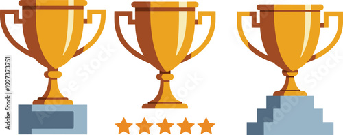 Flat vector illustration set of three golden champion trophies on podiums with five stars for sports competition victory success and achievement awards