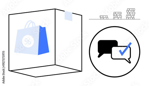Shopping bag with discount label inside cube, chat bubbles with checkmark, stacked coins. Ideal for e-commerce, discounts, feedback, financial savings, retail strategy, communication simple flat