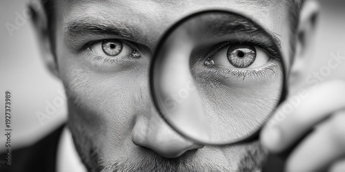 Man's intense gaze through a magnifying glass, focusing on detail and scrutiny
