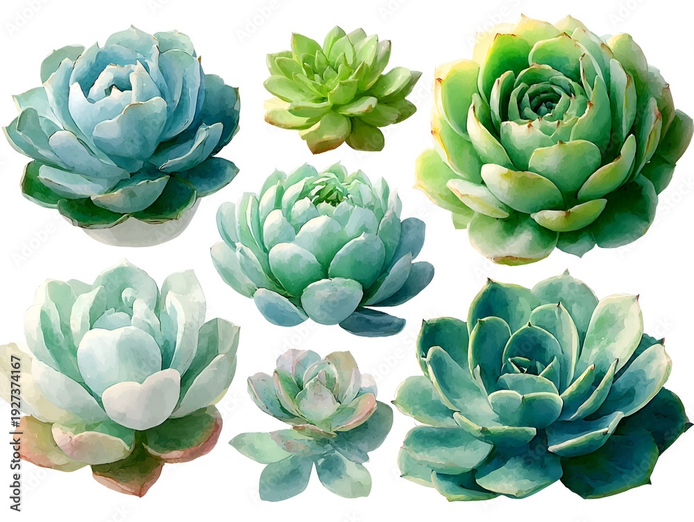 Obraz premium A beautiful assortment of green and blue Echeveria succulent plants are isolated on a white background in an elegant arrangement today.