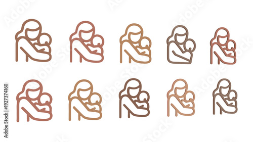 A collection of ten illustrations depicting a mother lovingly holding her baby.