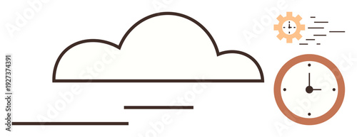 Cloud technology, workflow management, process optimization, time tracking, system efficiency, data storage. Abstract cloud, clock and gear icons. Cloud technology and workflow management concept
