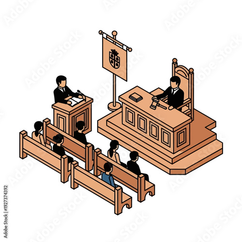 Courtroom scene with judge and lawyer at work.