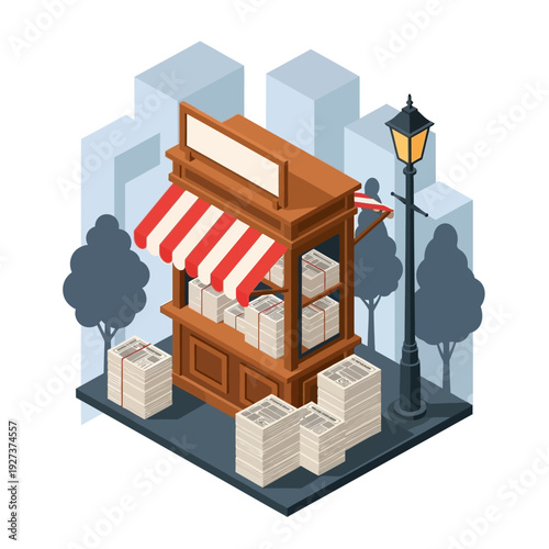 Isometric illustration of a street vendor stall with red and white striped awning.