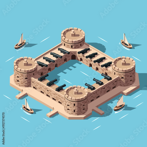 Isometric illustration of a medieval fort surrounded by water with boats nearby.