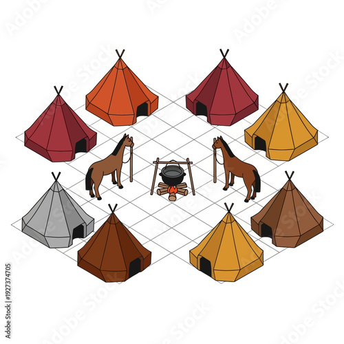 Illustration of a traditional nomadic encampment with colorful tents and horses.
