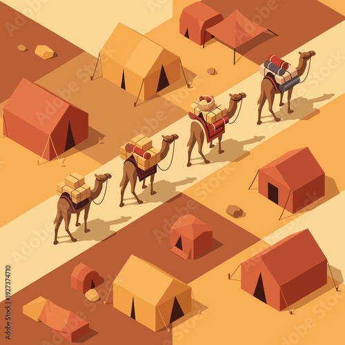 Isometric illustration of a desert caravan with camels and tents.