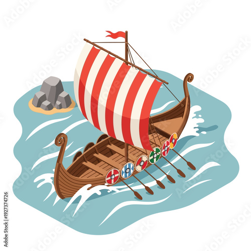 Viking longship sailing on the ocean with striped sail.