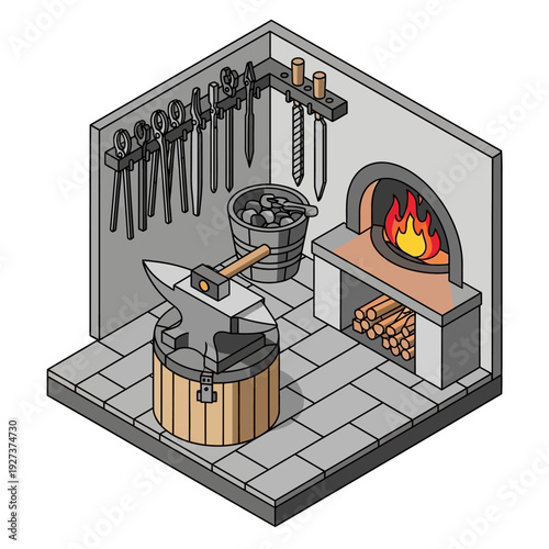 Isometric illustration of a blacksmith workshop with tools and furnace.