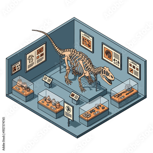 Isometric illustration of dinosaur museum exhibit with skeleton and artifacts.
