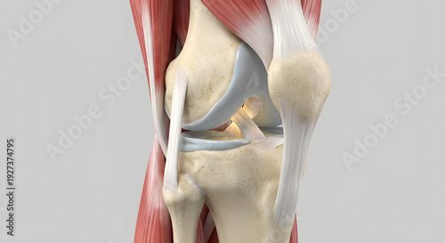 Realistic 3D medical illustration of the human knee joint anatomy showing the femur tibia patella and surrounding muscle tissue with ligaments and tendons on a grey background