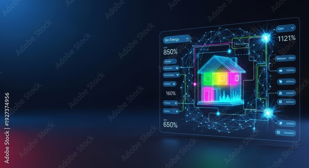 Naklejka premium A digital interface visualizes energy data, optimizing household power consumption with smart AI for sustainable living. Future technology, smart device, saving, technology