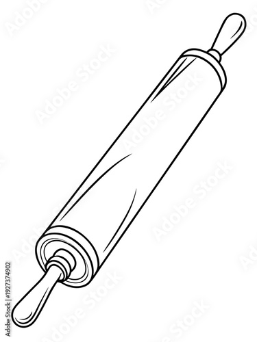 Simple black and white line art illustration of a classic kitchen rolling pin tool used for flattening dough in baking projects