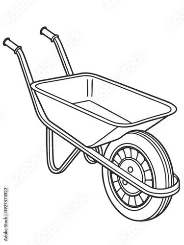 Simple black and white line art illustration of a sturdy garden wheelbarrow isolated on a white background ready for coloring activities