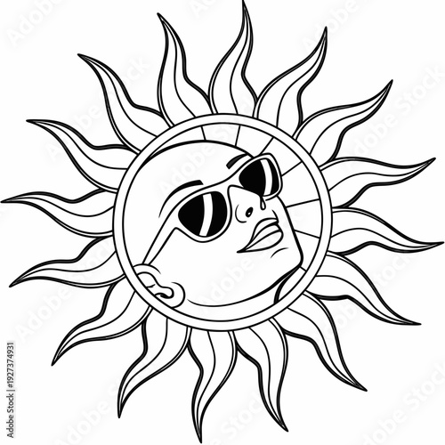 Black and white line art illustration of a cool sun face wearing stylish sunglasses looking upward surrounded by radiant sun rays