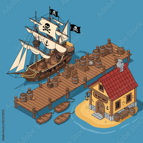 Pirate ship docked at a wooden pier with a small house.