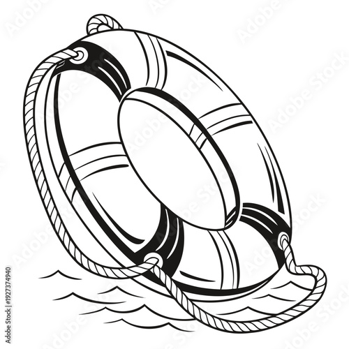 Simple black and white line art drawing depicts a classic maritime life preserver ring floating on gentle ocean waves suggesting safety and rescue.