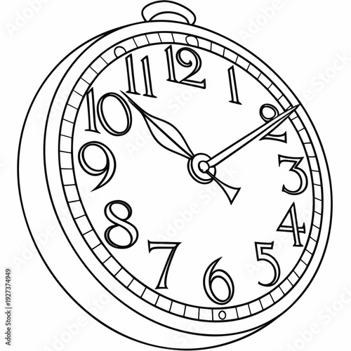 Outline drawing of an antique pocket watch face displaying the exact time with vintage numerals and clear hand indications for design projects