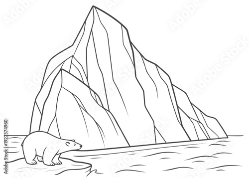 Simple outline drawing of a cute polar bear standing near the icy water beside a massive glacier or iceberg in arctic landscape