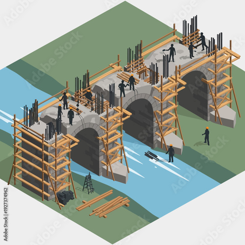 Isometric illustration of a bridge under construction with scaffolding and workers.