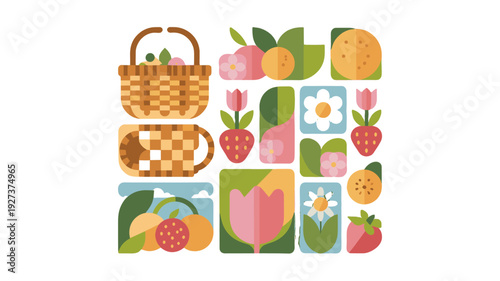 Stylized garden elements with a picnic basket.